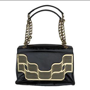 Lara Bohinc Black Leather Hand Bag Front Flap Metal Design Inside Flap Mirror